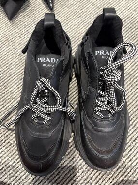 Prada Black Womens Leather Chunky Sneakers